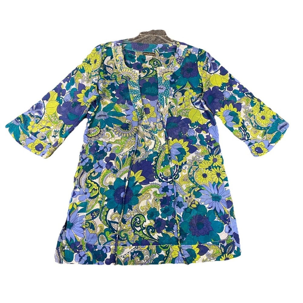 Tommy Bahama Women's Blue Jeweled Paisley Sequined Chiffon Swim Cover Up Small